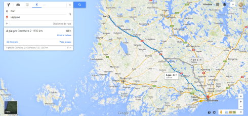 Asking for the route from Pori to Helsinki Wlaking.  48h.